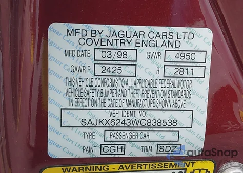 1998 Jaguar Xj8 Vanden Plas from USA, damaged, VIN SAJKX6243WC838538